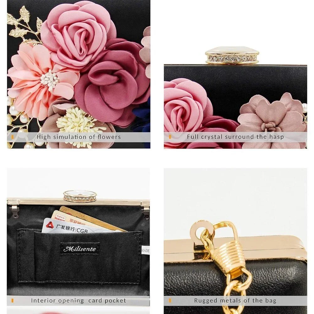 Women's Flower Evening Clutch Purse Floral Satin Leather Wedding Party Bag